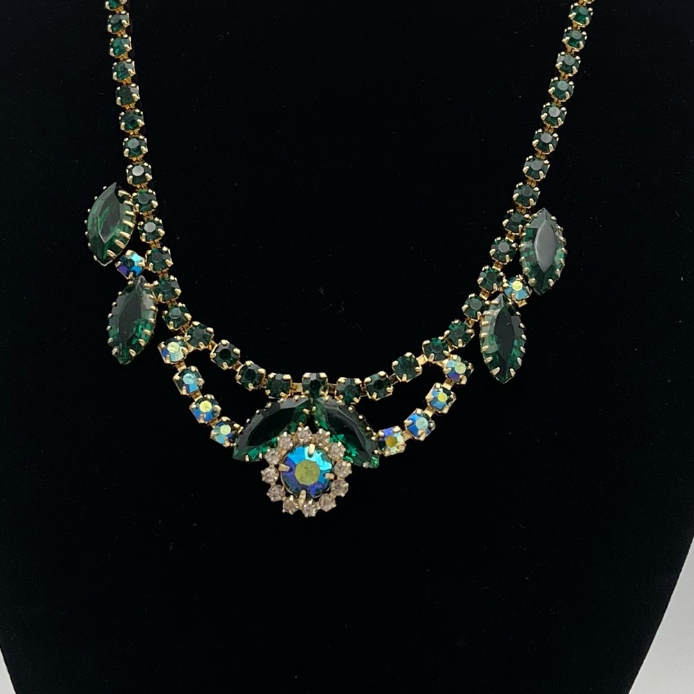 Vintage Emerald Green AB Rhinestone Bib, 62g Heavy Statement, Open Back 1950s - Picture 2 of 5